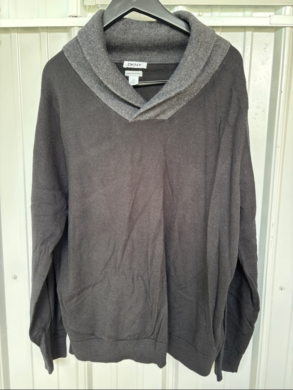 DKNY Men’s Black V-Neck Sweater with Gray Shawl Collar